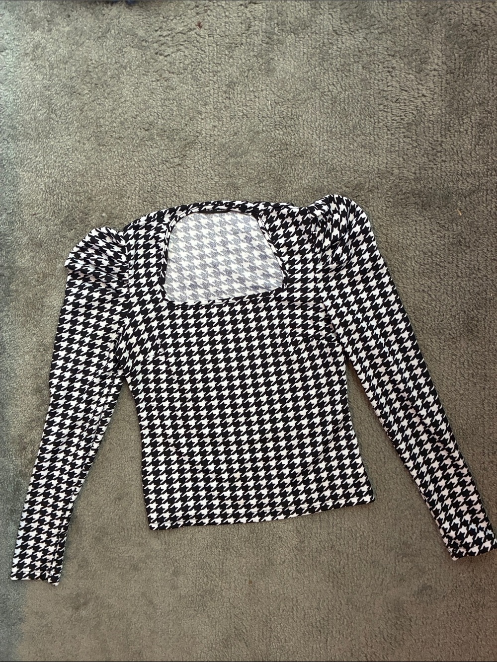 SHEIN Black & White Houndstooth Square Neck Long Sleeve Top